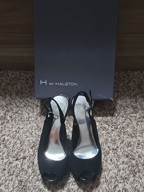 H by Halston Black Peep-Toe Slingback Heels